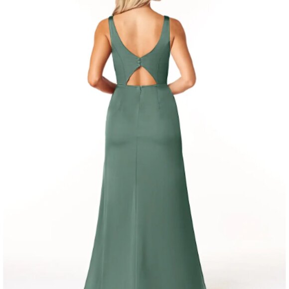 Azazie Jess Eucalyptus Sheath V-Neck Stretch Satin Dress Size A8 - Picture 6 of 10